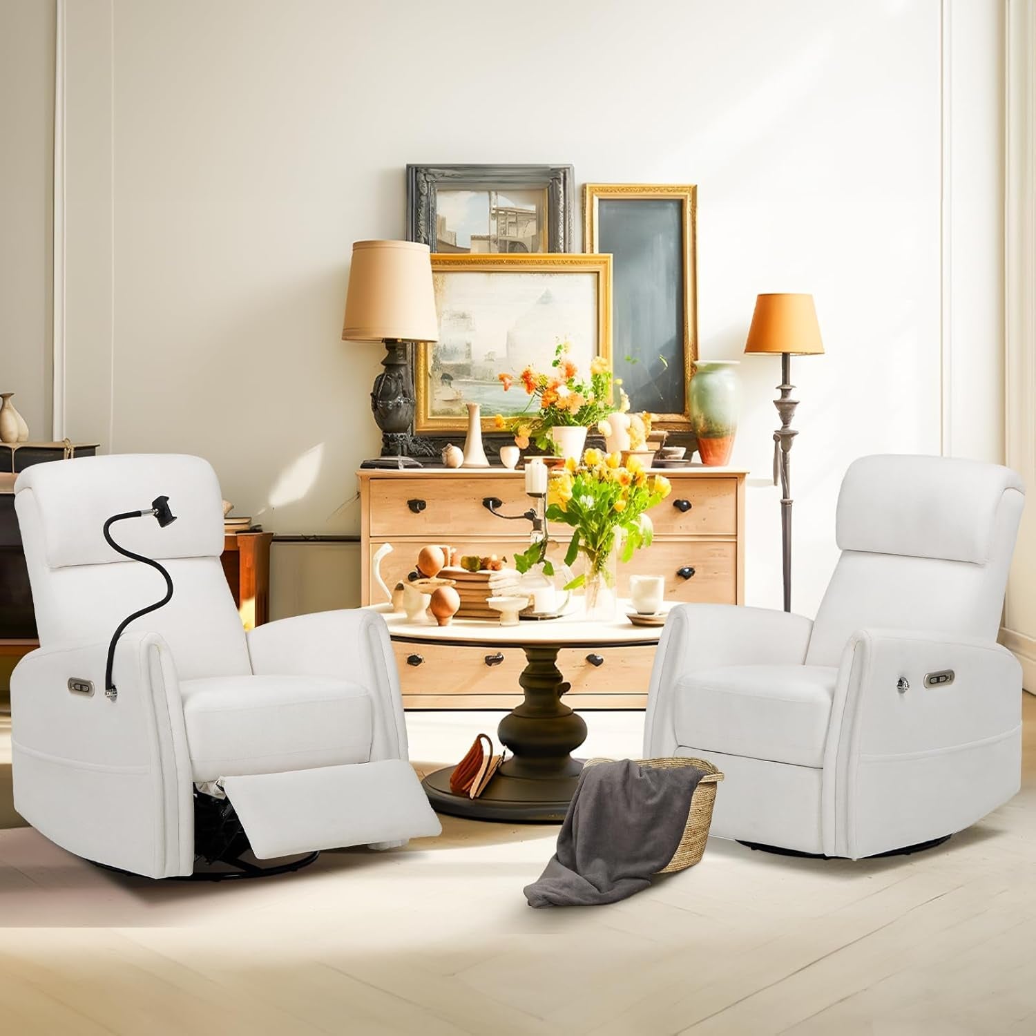 Power Recliner Chairs Swivel Glider Rocker for Nursery, Upholstered Fabric Living Room Rocking Reclining Single Sofa Chair with 2 Device Holders, White, Set of 2-0