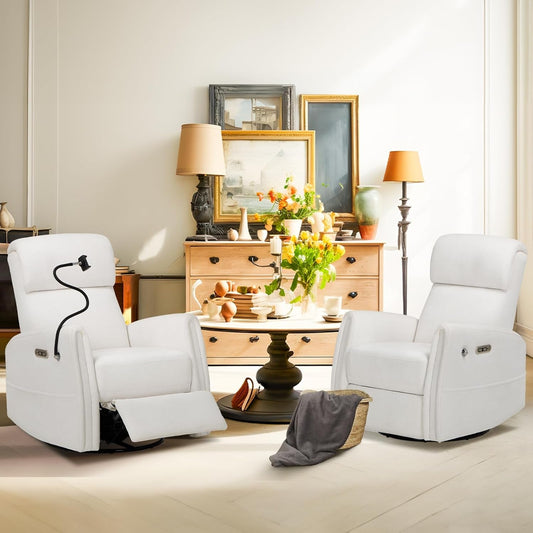 Power Recliner Chairs Swivel Glider Rocker for Nursery, Upholstered Fabric Living Room Rocking Reclining Single Sofa Chair with 2 Device Holders, White, Set of 2-0