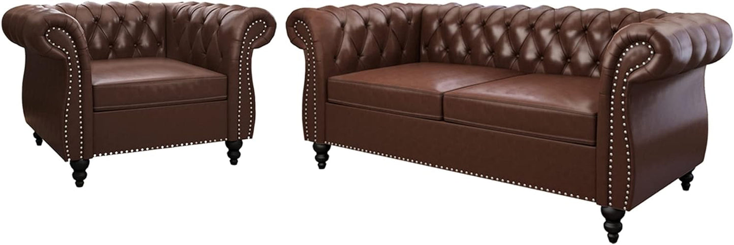 2 Piece Living Room Set, Chesterfield Leather Sofa Couch Chair with Scroll Arms and Nailhead for Living Room, Office (Dark Brown)-0