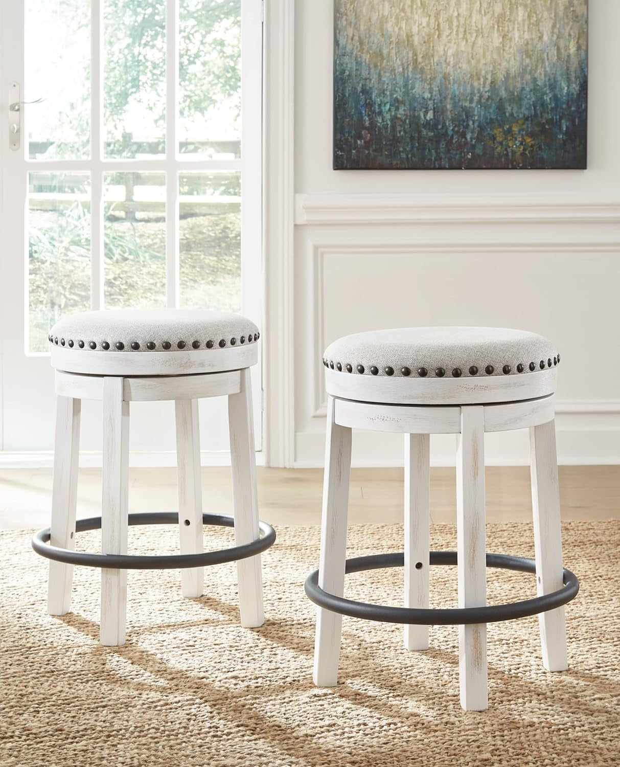Valebeck 24" Counter Height Upholstered Swivel Stool, White & Black-1