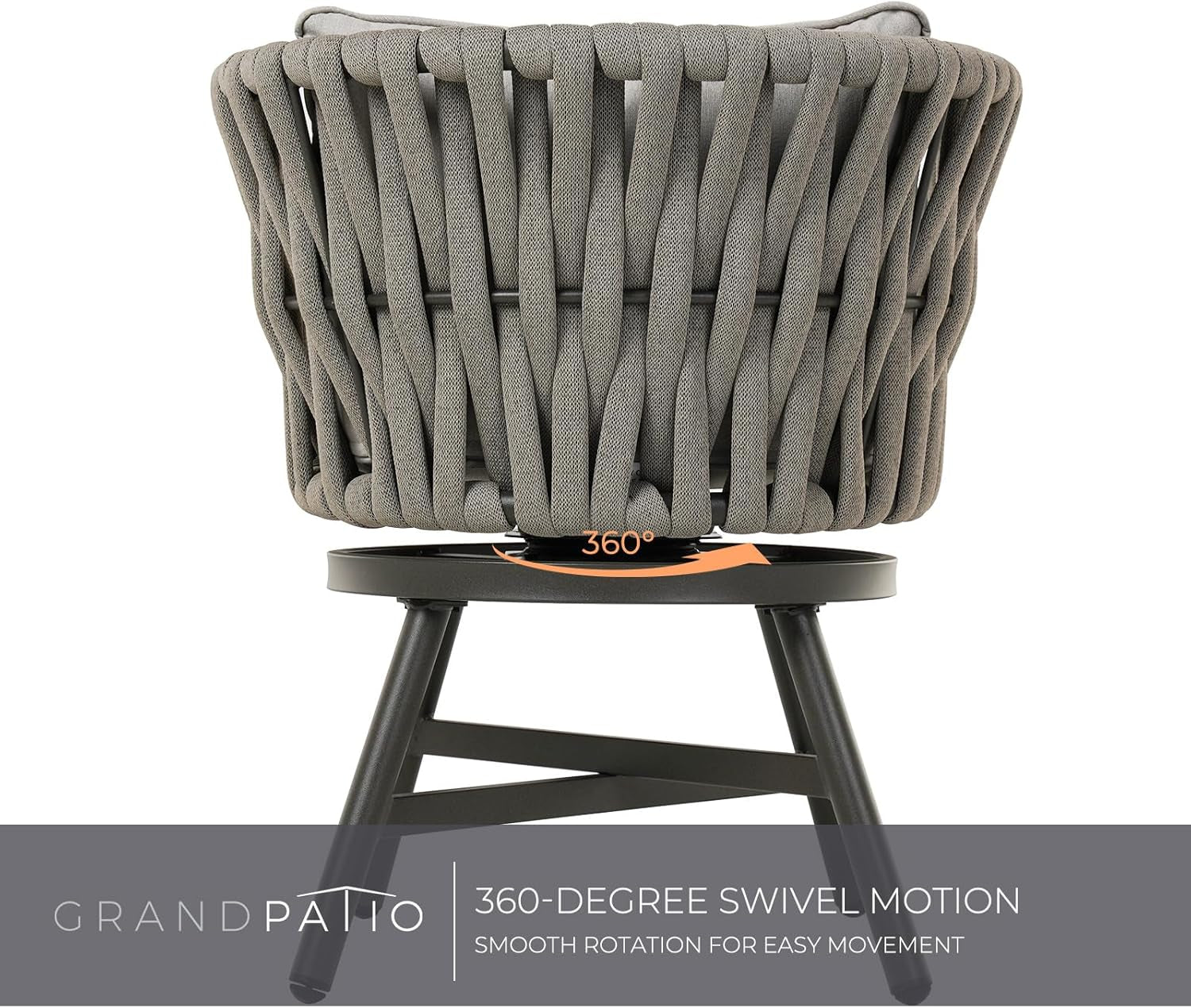 Dining Chair Set of 3, Swivel Rope Armchairs with Cushions and round Side Table with Tile Tabletop, Wicker, Indoor Outdoor Modern Style, Backyard, Balcony, Gray-2