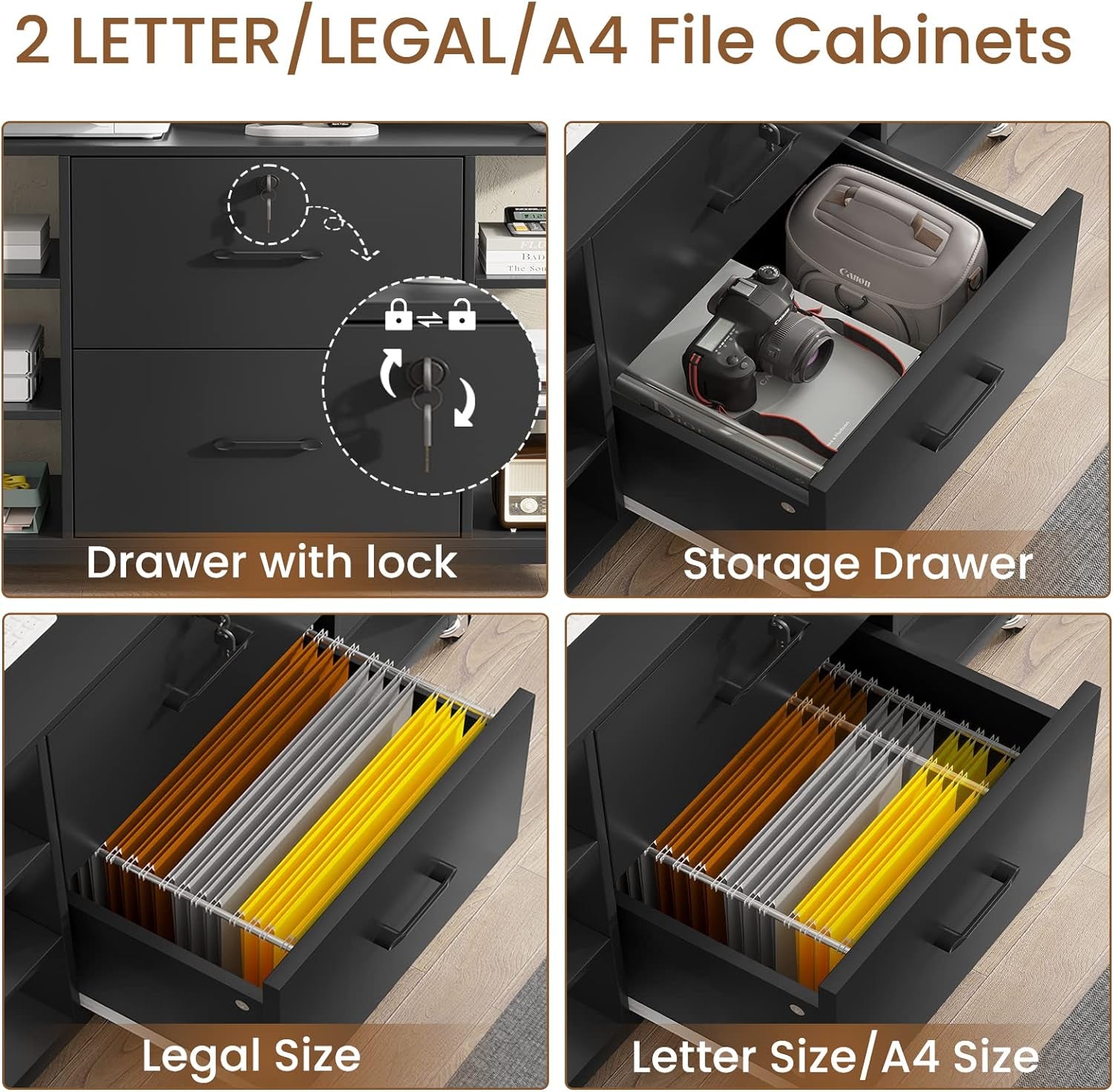 44" File Cabinet, Filing Cabinets Fits Legal, Letter, A4 Size, 2 Drawer Office File Cabinet for Home Office with Lock, Power Strip, 6 Adjustable Shelves & 4 Hooks, Black-3