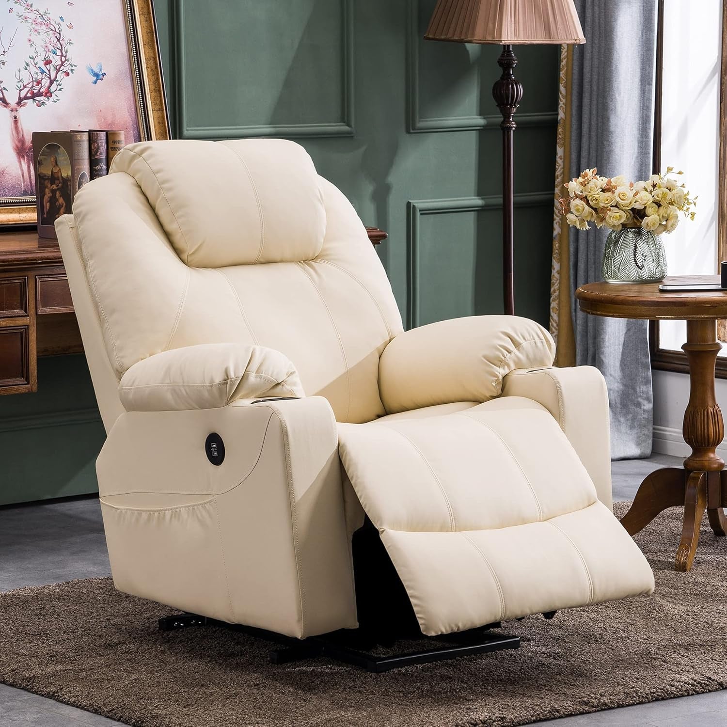 Electric Power Lift Recliner Chair Sofa with Massage and Heat for Elderly, 3 Positions, 2 Side Pockets, and Cup Holders, USB Ports, Faux Leather 7040 (Cream White, Medium)-3