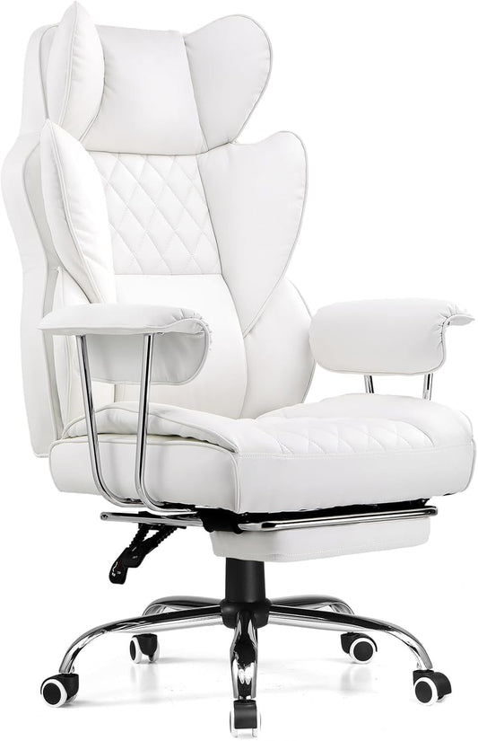 Big and Tall Gaming Chair with Pocket Spring Lumbar Support, Ergonomic Office Chair with Footrest, Executive Desk Chair with Outward Fixed Soft Armrests, Computer Chair with High Back, White-0