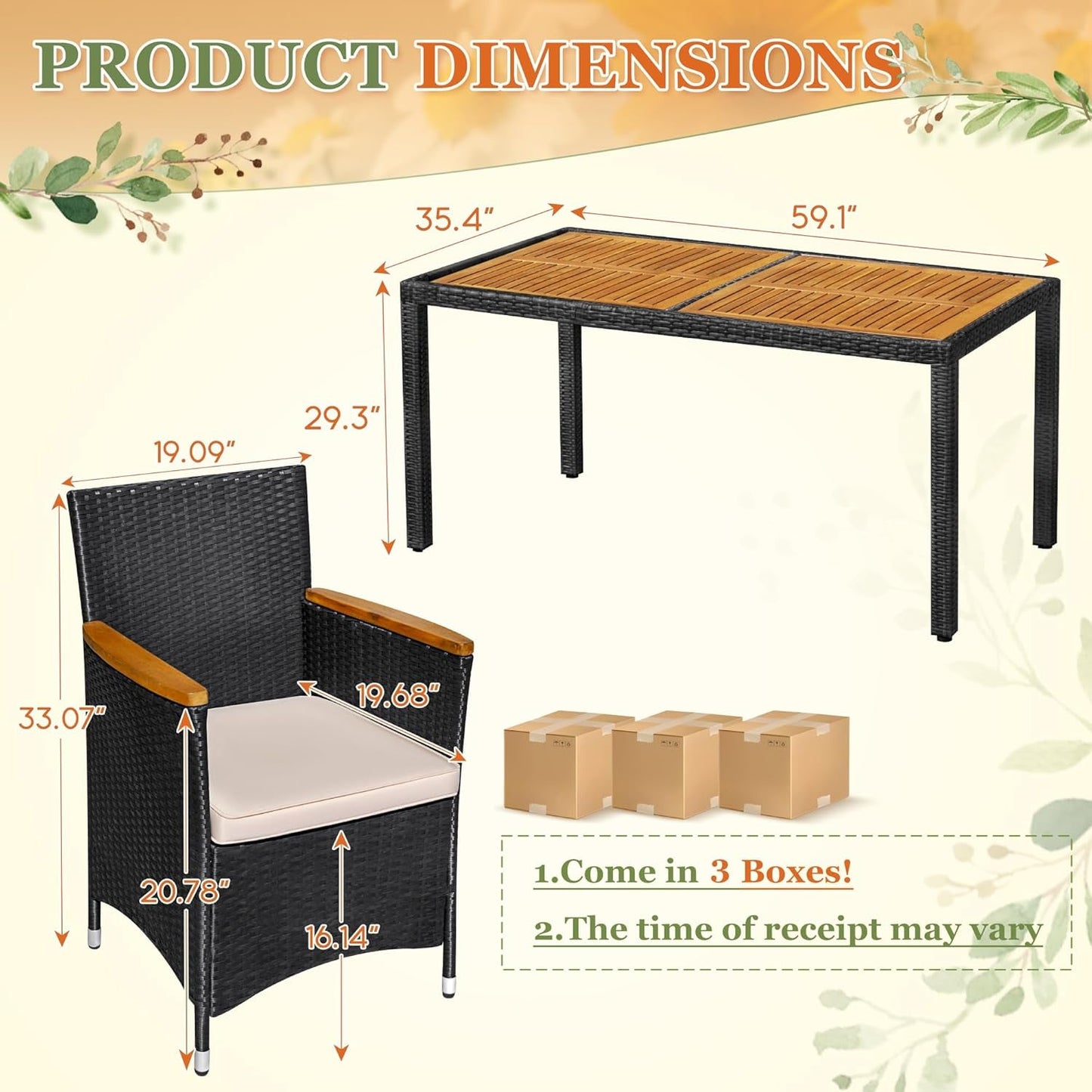 7 Pieces Outdoor Patio Dining Set, Conversation Sets with 1 Table and 6 Rattan Chairs with Curved Acacia Wooden Armrests and Cushions, Black-4