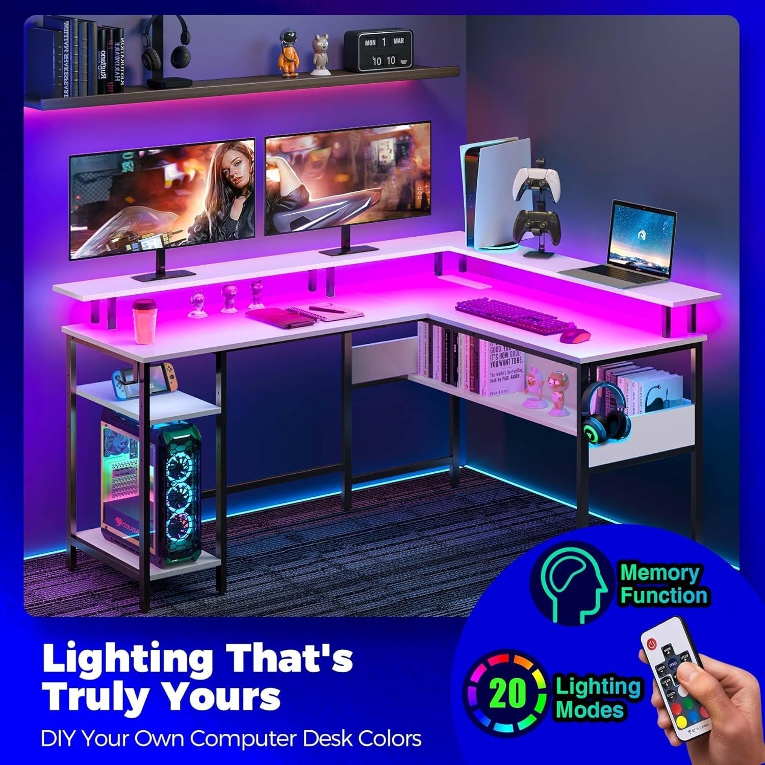 Computer Desk L Shaped 56.7" with LED Lights and Power Outlets, Reversible L Shaped Gaming Desk with Monitor Stand, Home Office Desk with Storage, Desk with USB Port and Hook, White-3