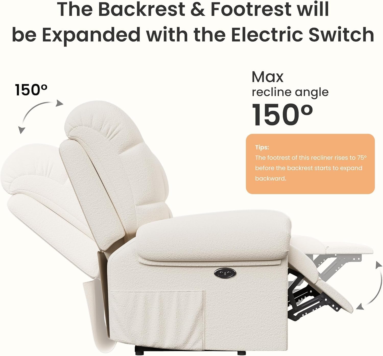 2024 New Power Recliner Chair for Adults, Adjustable Electric Recliner Power Recliner, USB Port, Ultra-Comfy Teddy Fleece Recliner for Living Room, Tool-Less Assembly Single Sofa, Beige White-4