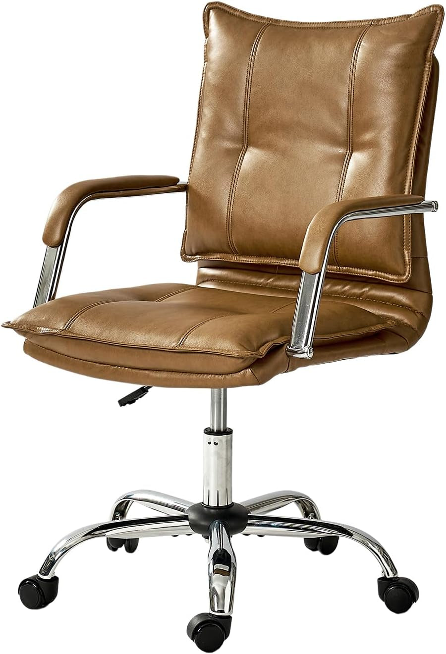 Faux Leather Home Office Desk Chair, Adjustable Swivel Computer Chair with Sliver Legs and Arms, Comfy Upholstered Task Chair(Brown)-2