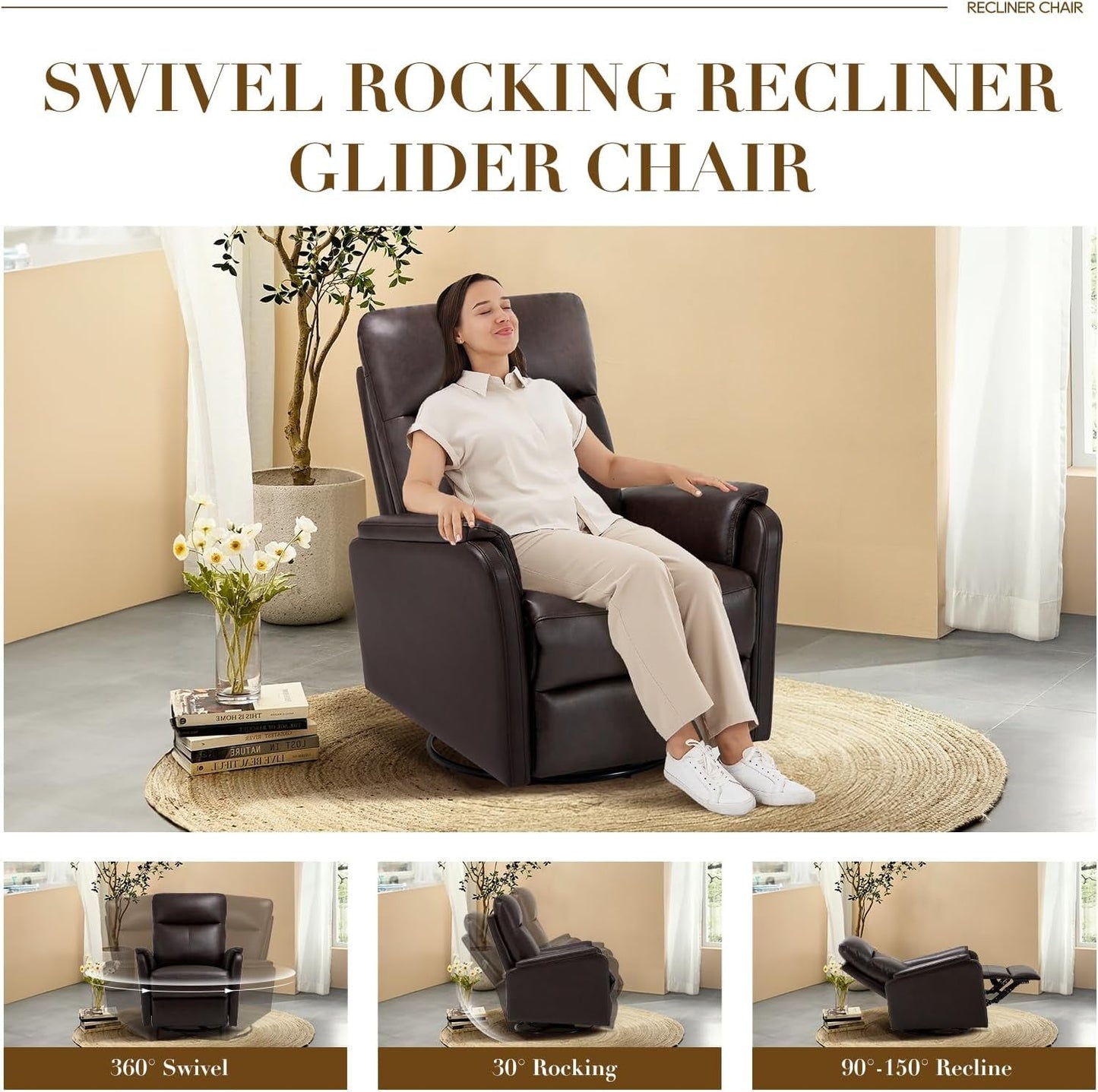 Swivel Rocking Recliner Glider Chair, Leather Reclining Rocker Chair with Footrest for Living Room, Nursery, Office, Bedroom, Wide Seat Cushion and Metal Base-Chocolate-4