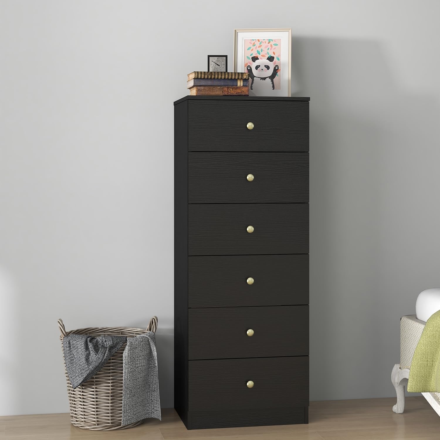 Modern 6 Drawer Vertical Dresser, Wood Tall Chest of Drawers N Arrow Storage Organizer with Wide Drawers & Metal Gold Handles for Bedroom, Living Room, Office, Hallway, Entryway (Black)-4