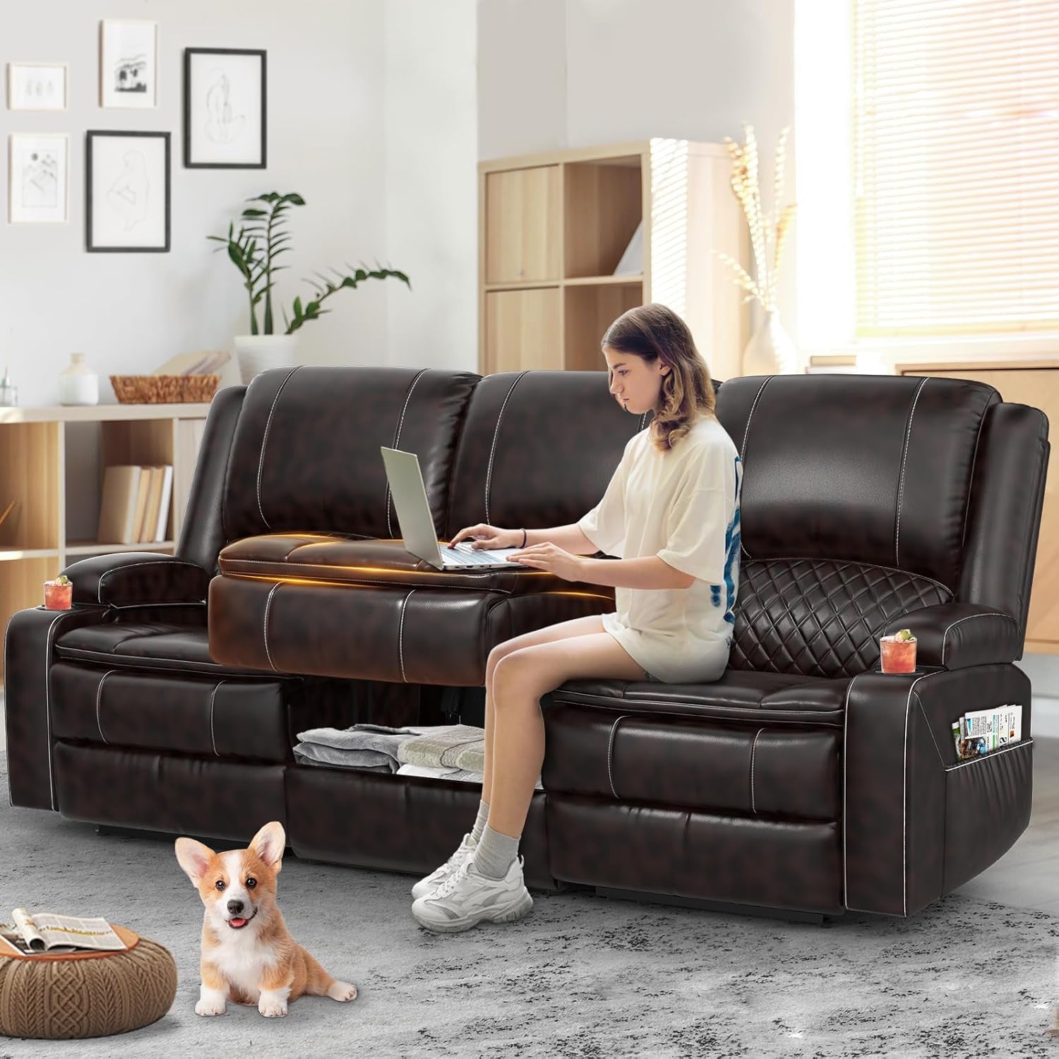 3-Seater Recliner Sofa, Manual Reclining Couch with Multi-Functional Middle Seat, Reclining Sofa for Living Room with Hidden Storage Space, Cup Holders, and Removable Console - Brown-0