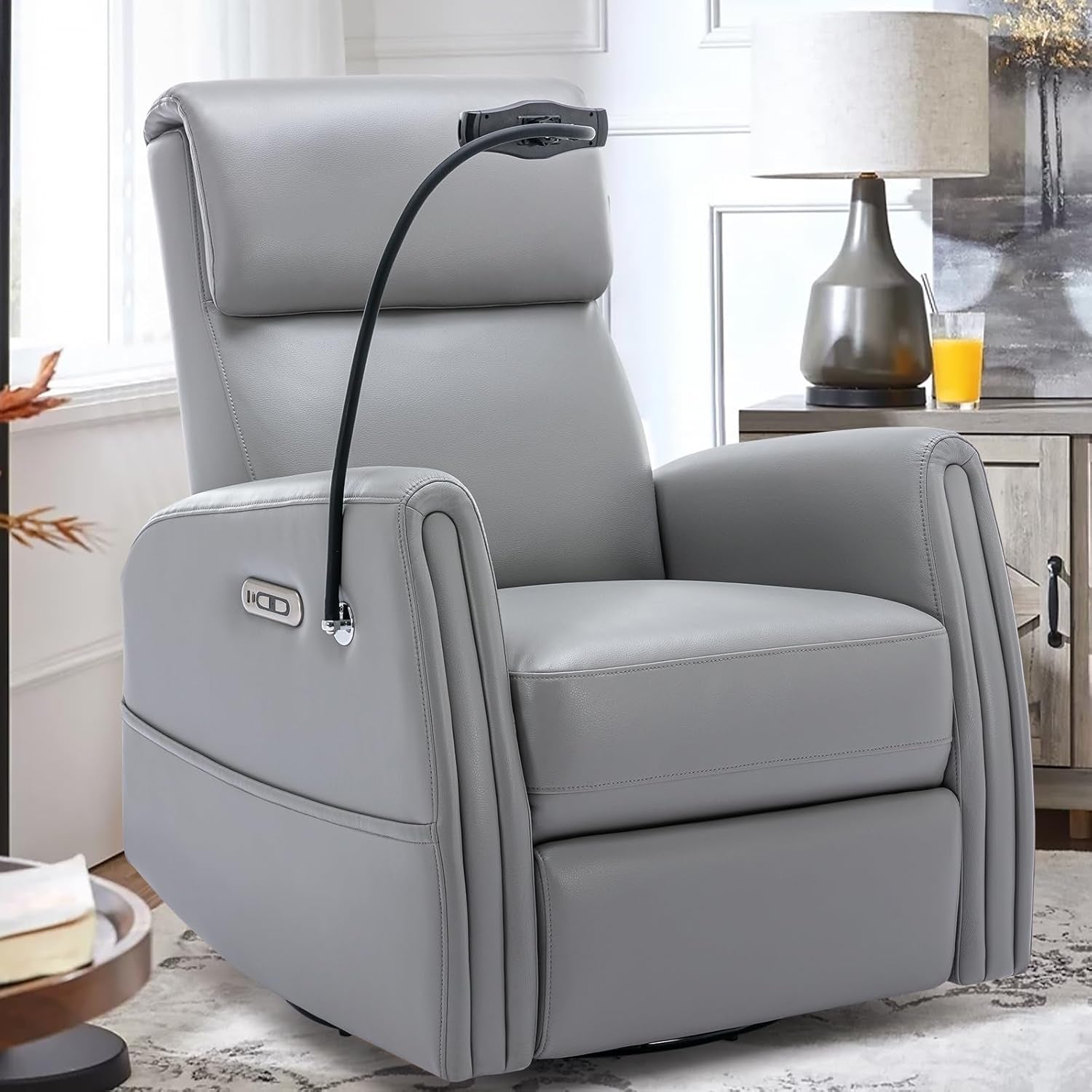 Power Recliner Chair Swivel Glider Rocker for Nursery, Upholstered Faux Leather Living Room Rocking Reclining Single Sofa Chair with 2 Device Holders, Grey-0