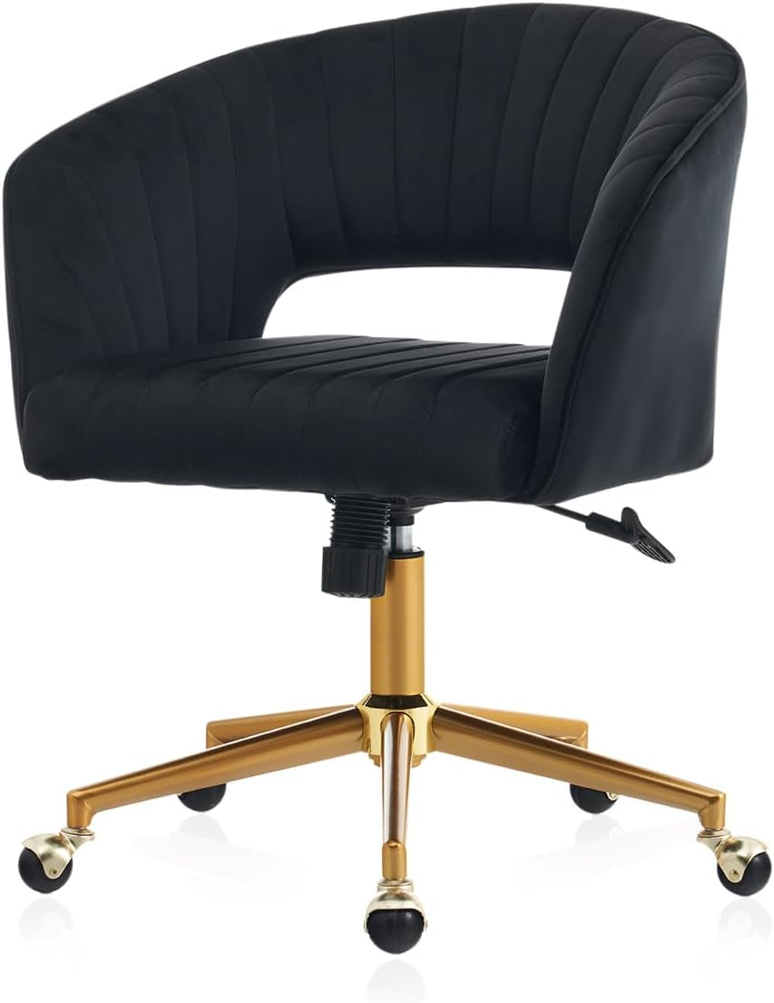 Home Office Chair Swivel Velvet Desk Chair, Vanity Chair with 360 Swivel Armchair and Gold Base,For Living Room, Bedroom, Vanity, Study (Black)-0