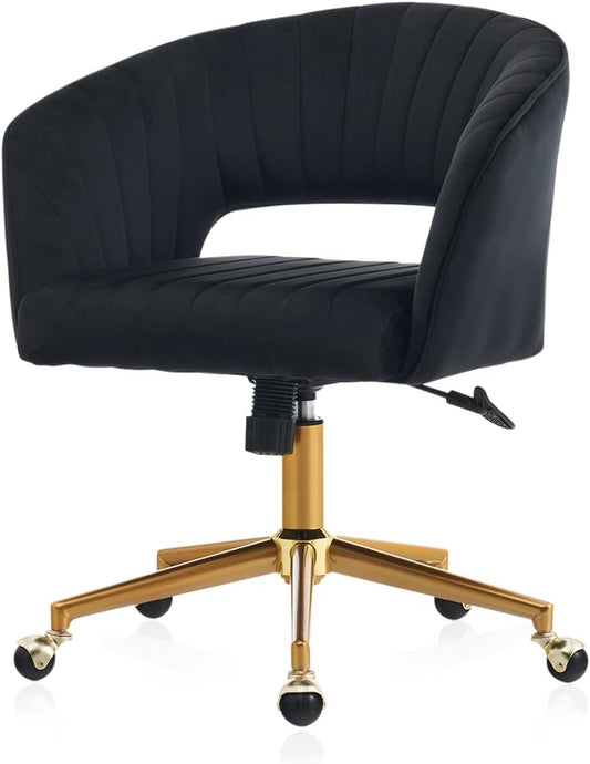 Home Office Chair Swivel Velvet Desk Chair, Vanity Chair with 360 Swivel Armchair and Gold Base,For Living Room, Bedroom, Vanity, Study (Black)-0