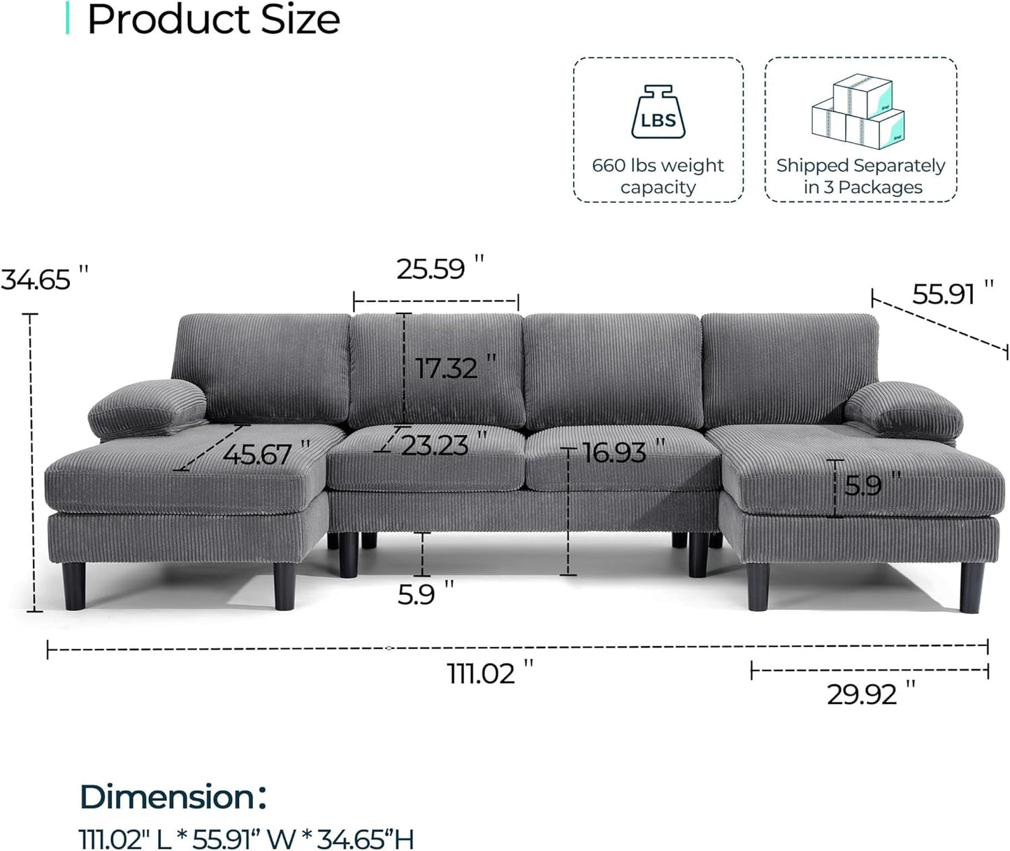 Sectional Couch, 111'' W Corduroy U Shaped Sofa with Sleepable Armrests, 4 Seat Couch with Double Chaises, Deep Sofa for Living Room, Grey-1
