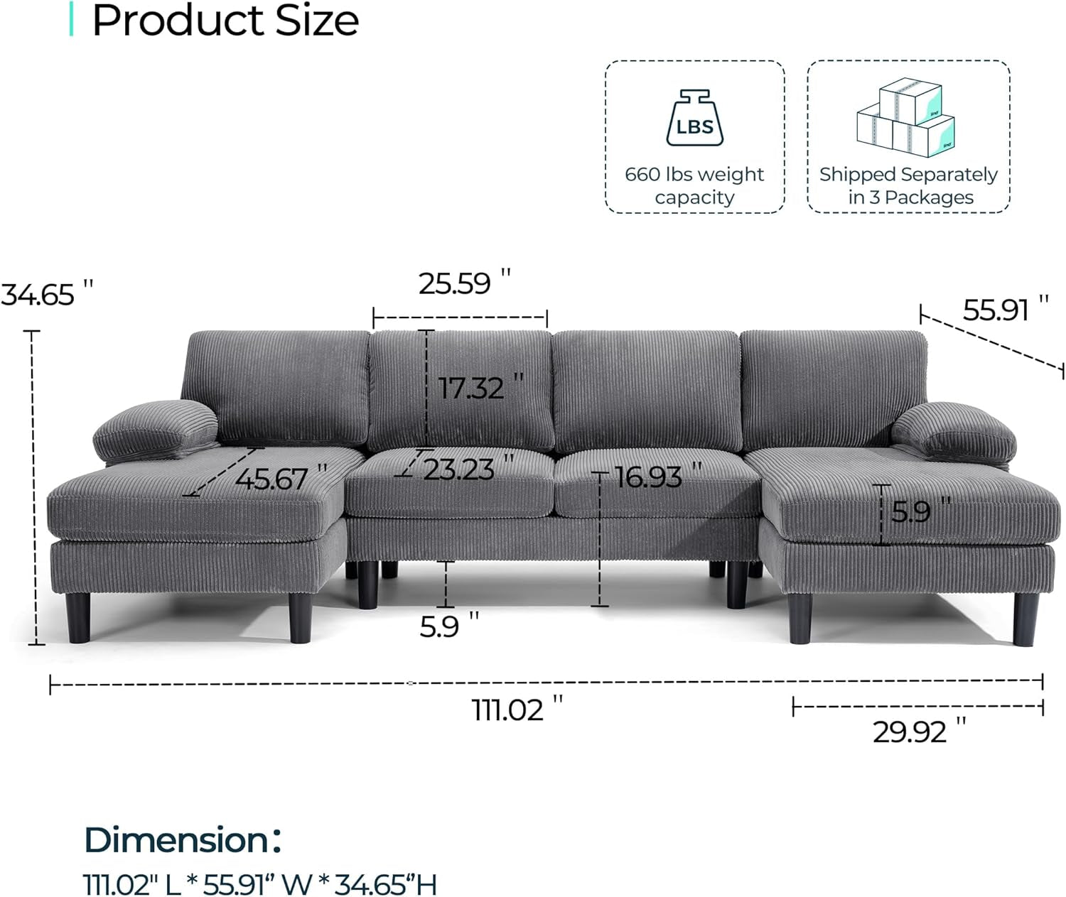 Sectional Couch, 111'' W Corduroy U Shaped Sofa with Sleepable Armrests, 4 Seat Couch with Double Chaises, Deep Sofa for Living Room, Grey-1