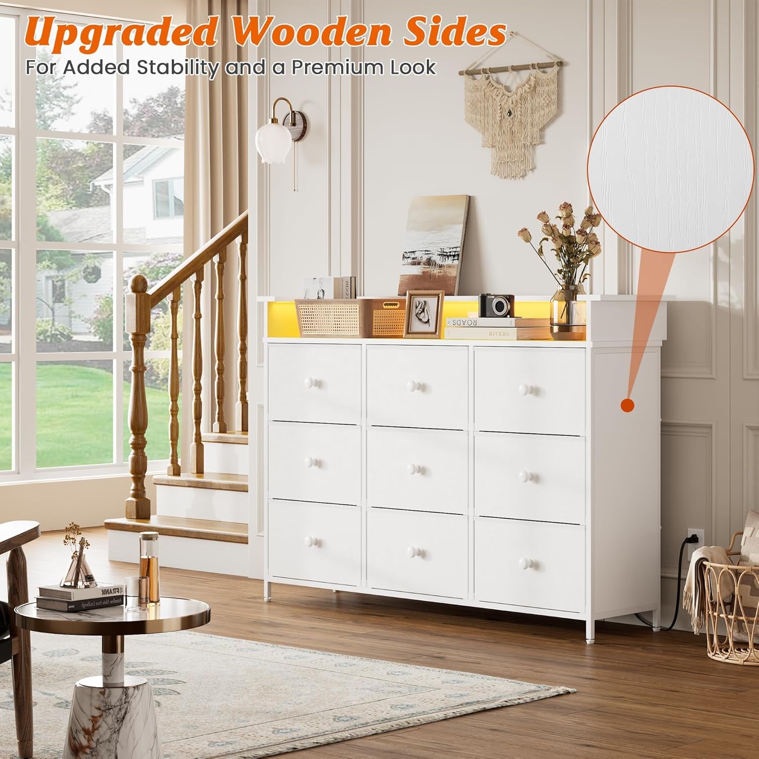Dresser for Bedroom with 9 Drawer,White Dresser with LED Light,Tv Stand for Bedroom with Charging Station,Chests of Drawers for Bedroom Hallway,Closet (White)-3