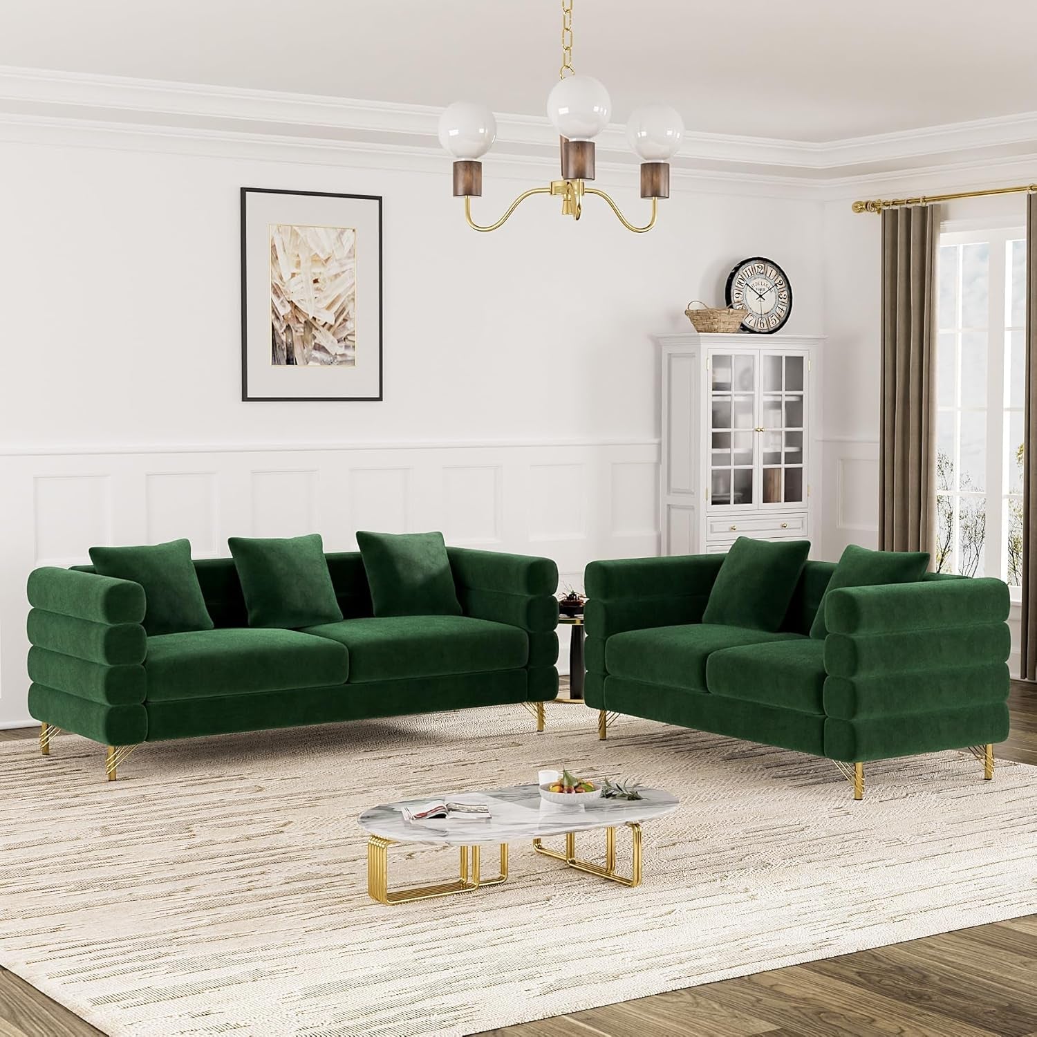 Living Room Sofa Couch and Loveseat Set, Modern Comfy Velvet Deep Seat Cloud Couch with 5 Pillows, Oversized Sofa Furniture Sets for Living Room Bedroom, Emerald Green Velvet-0