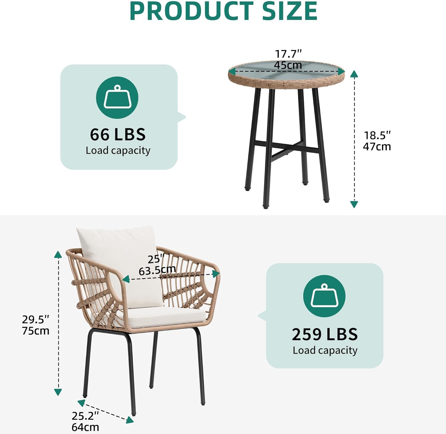 3 Pieces Outdoor Wicker Patio Conversation Bistro Set, All-Weather Patio Furniture Set with Table & Cushions, Outdoor Sectional Sofa for Patio, Balcony, Backyard, Deck, Beige-2