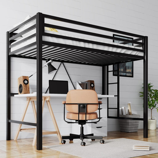 Loft Bed Twin Size with Ladder and Guardrail,Heavy Duty Metal Slats Support No Box Spring Needed Small Space Saving Furniture for Bedroom Dorm,Black-0