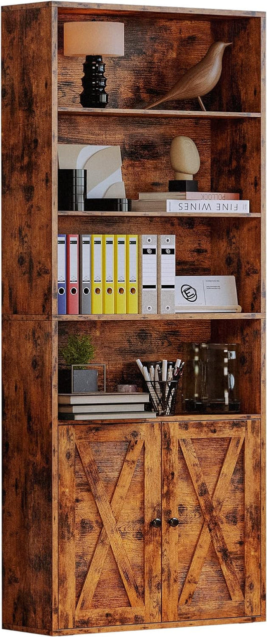 Industrial Bookshelves and Bookcases with Doors Floor Standing 6 Shelf Display Storage Shelves 70 in Tall Bookcase for Home Office, Living Room-0