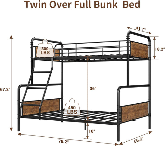 Bunk Bed Twin over Full Size with High Guardrail and Ladder,Twin Size Convertible Metal Bunk Beds for Kids/Teens/Adults,Easy Assembly, No Box Spring Needed,Vintage Brown-1