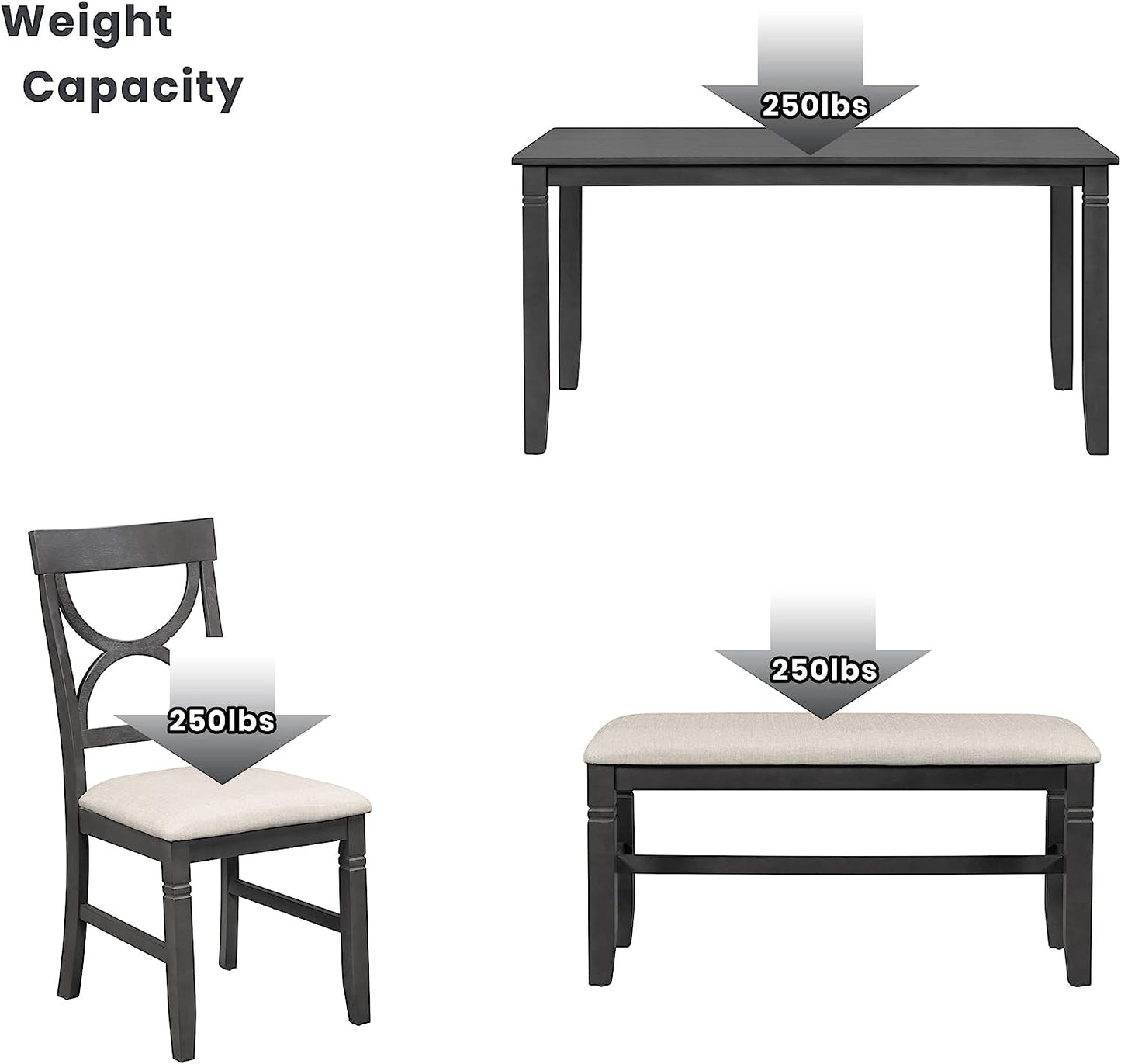 6-Piece Wood Dining Table Set with Upholstered Bench and 4 Chairs-3