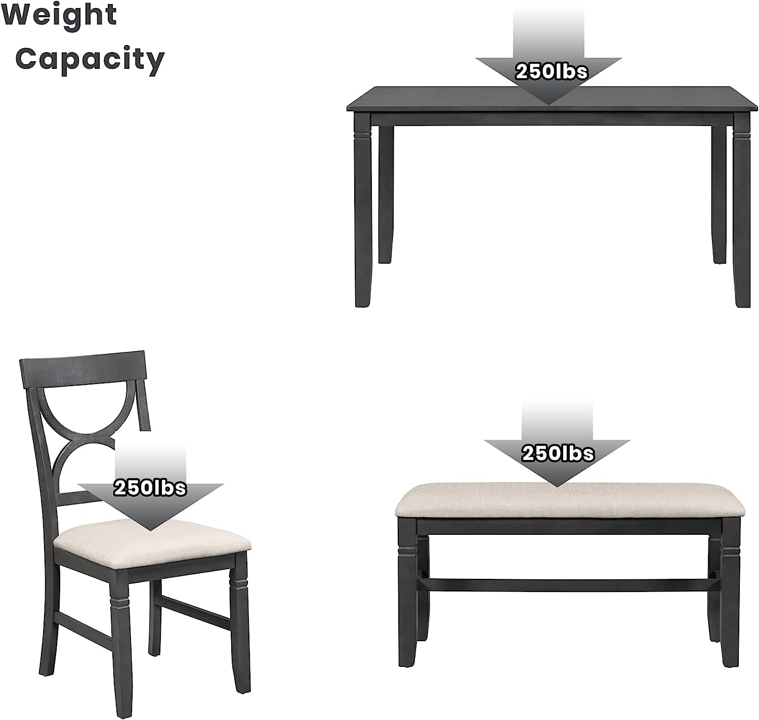 6-Piece Wood Dining Table Set with Upholstered Bench and 4 Chairs-3