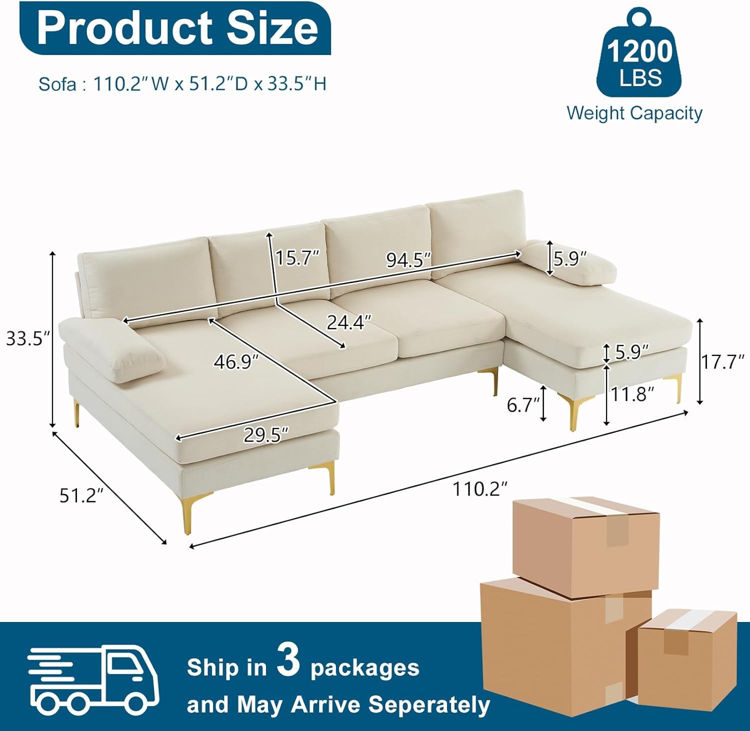 110" Modern U Shaped Sectional Couch with 51"D Double Chaise for Living Room, Beige Deep Seat Sectional Sofa Sets with 5.9" Thickness Seating Padding for Home Furniture,Linen Fabric,Metal Legs-1