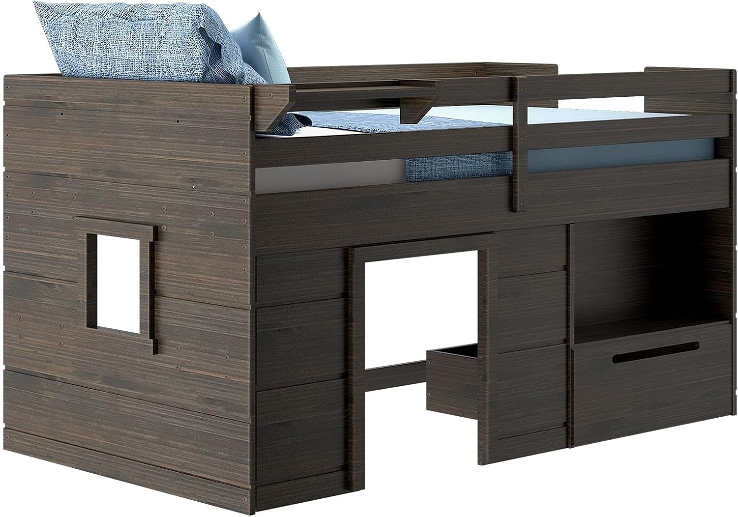 Loft Bed Twin Size, Solid Wood Low Loft Bed with Storage Drawer and Ladder, Modern Farmhouse Loft Bed for Kids, Barnwood Brown-2