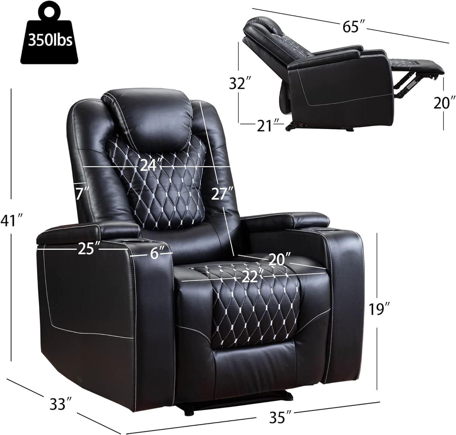 Power Recliner Chair with USB Ports and Cup Holders - Overstuffed Electric Home Theater Seating PU Leather Reclining Furniture with Hidden Arm Storage, Easy to Clean (Set of 2, Black)-1