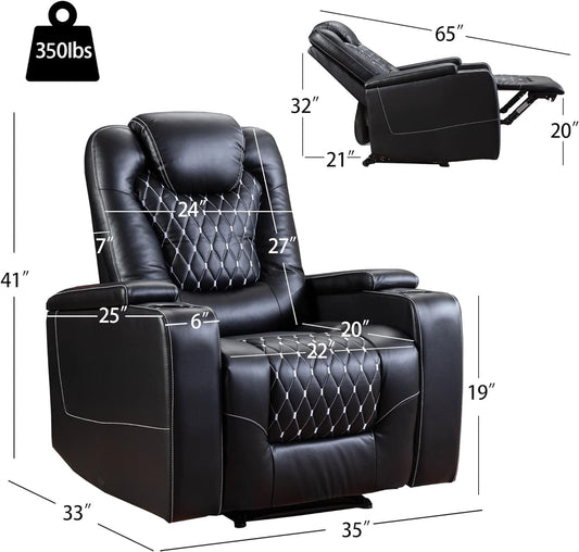 Power Recliner Chair with USB Ports and Cup Holders - Overstuffed Electric Home Theater Seating PU Leather Reclining Furniture with Hidden Arm Storage, Easy to Clean (Set of 2, Black)-1