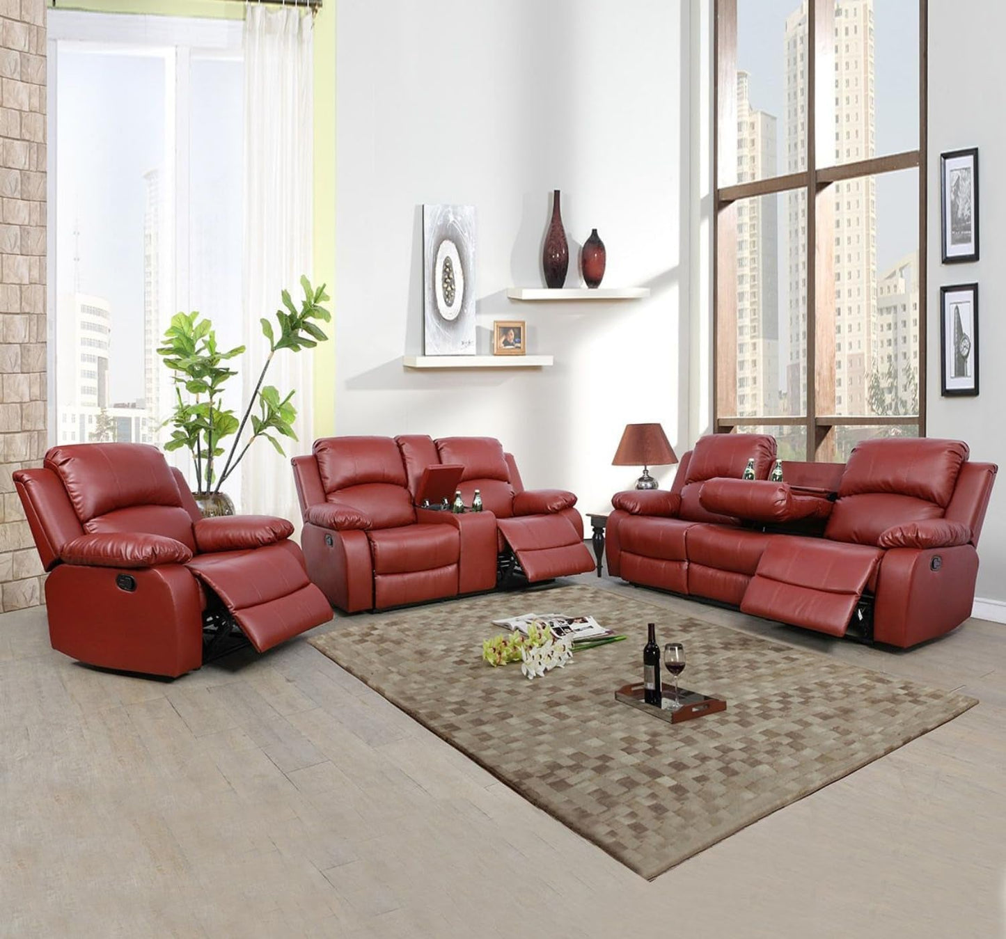 Leather Recliner Sofa Set，Leather Reclining Sofa Set for Living Room Furniture Sets，Red Recliner Couch Set for Living Room/Office/Theater Seating(Sofa Set 3 Pieces)-0