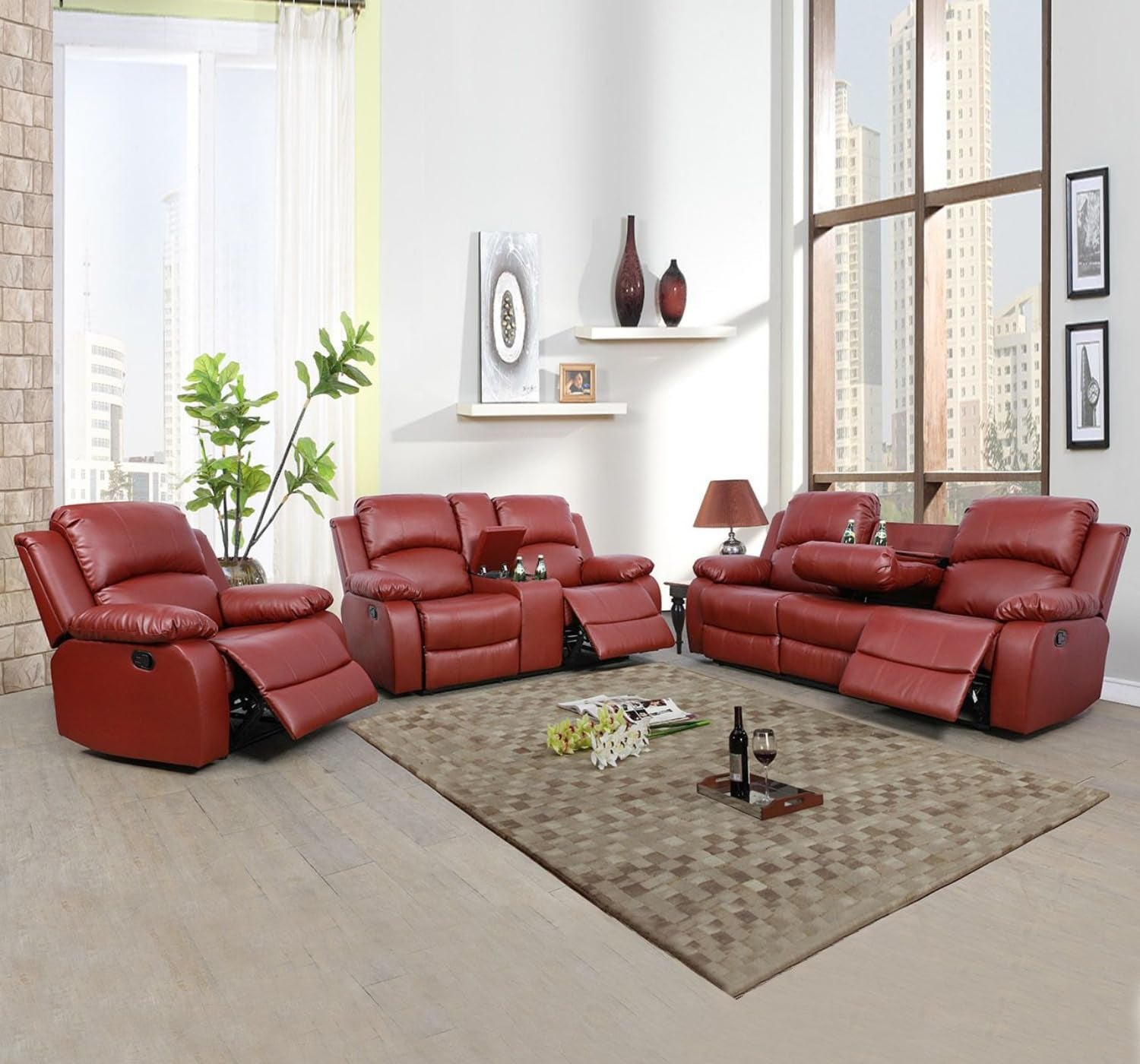 Leather Recliner Sofa Set，Leather Reclining Sofa Set for Living Room Furniture Sets，Red Recliner Couch Set for Living Room/Office/Theater Seating(Sofa Set 3 Pieces)-0