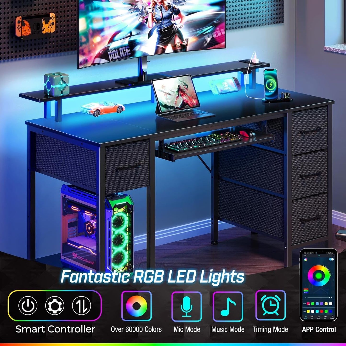 Computer Desk 47.2" with LED Lights & Power Outlets, Home Office Desk with 4 Drawers, Writing Desk with Keyboard Tray, Study Desk with Monitor Stand, Work Desk for Home Office, Black-3