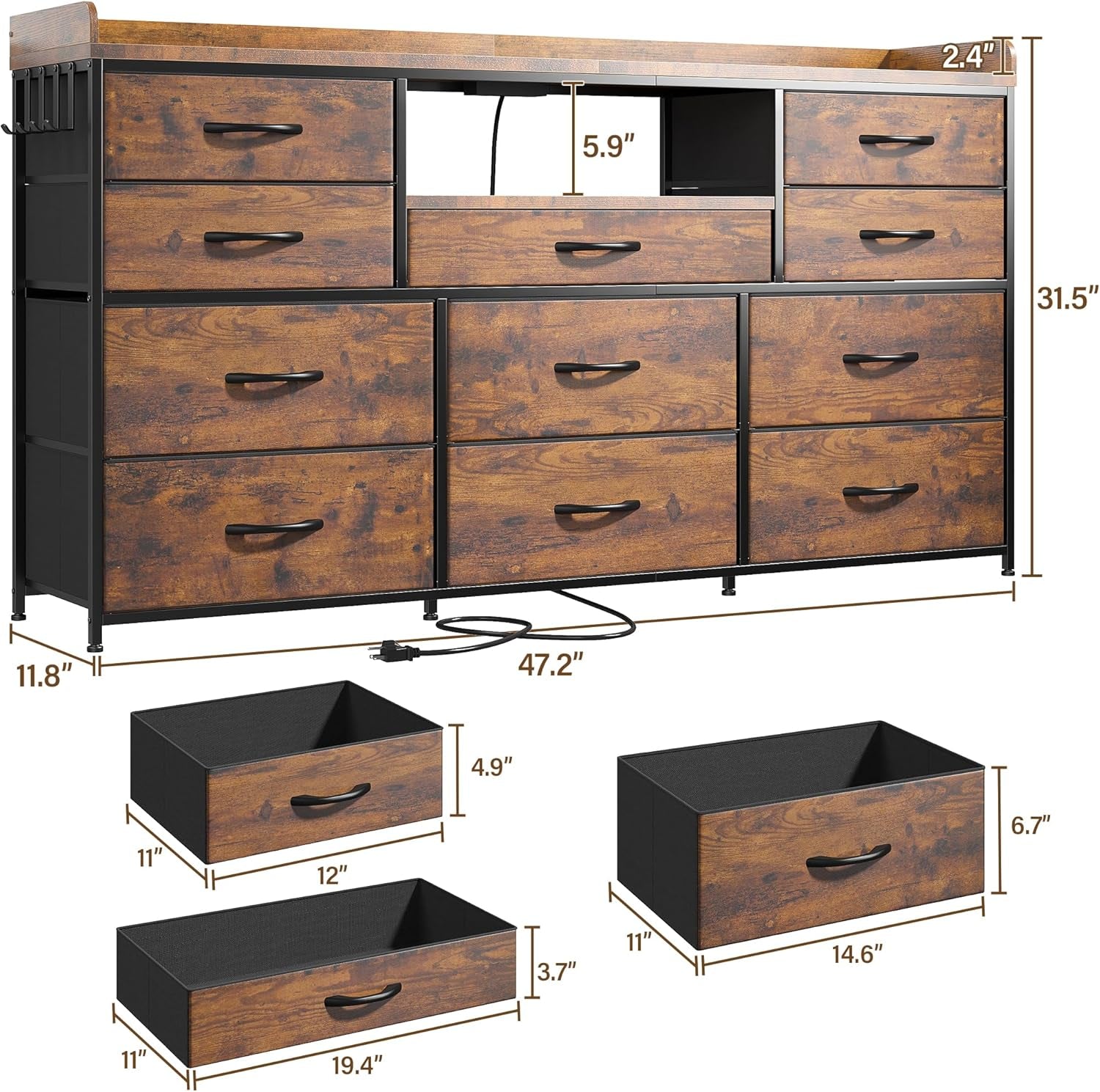 Dresser TV Stand with 11 Drawers for 60" TV Stand for Bedroom with LED Lights & Power Outlets Long Dresser for Bedroom with Shelves & 4 Hooks, Sturdy Metal Frame & Thick Wood Top, Rustic Brown-2