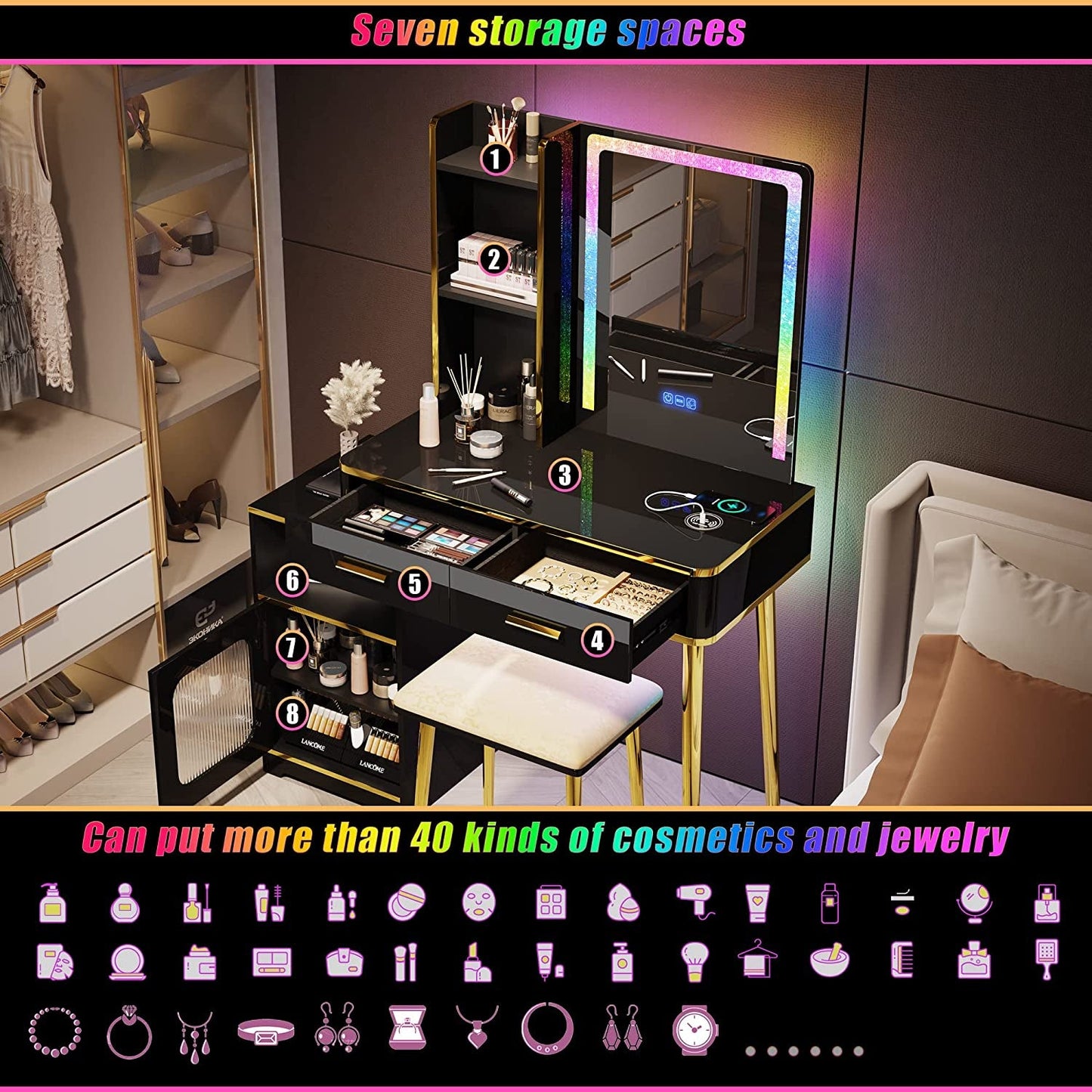 Black Makeup Vanity Set with RGB LED Lighted Mirror-3
