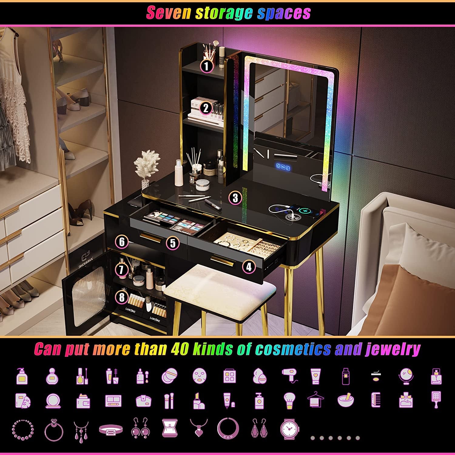 Black Makeup Vanity Set with RGB LED Lighted Mirror-3