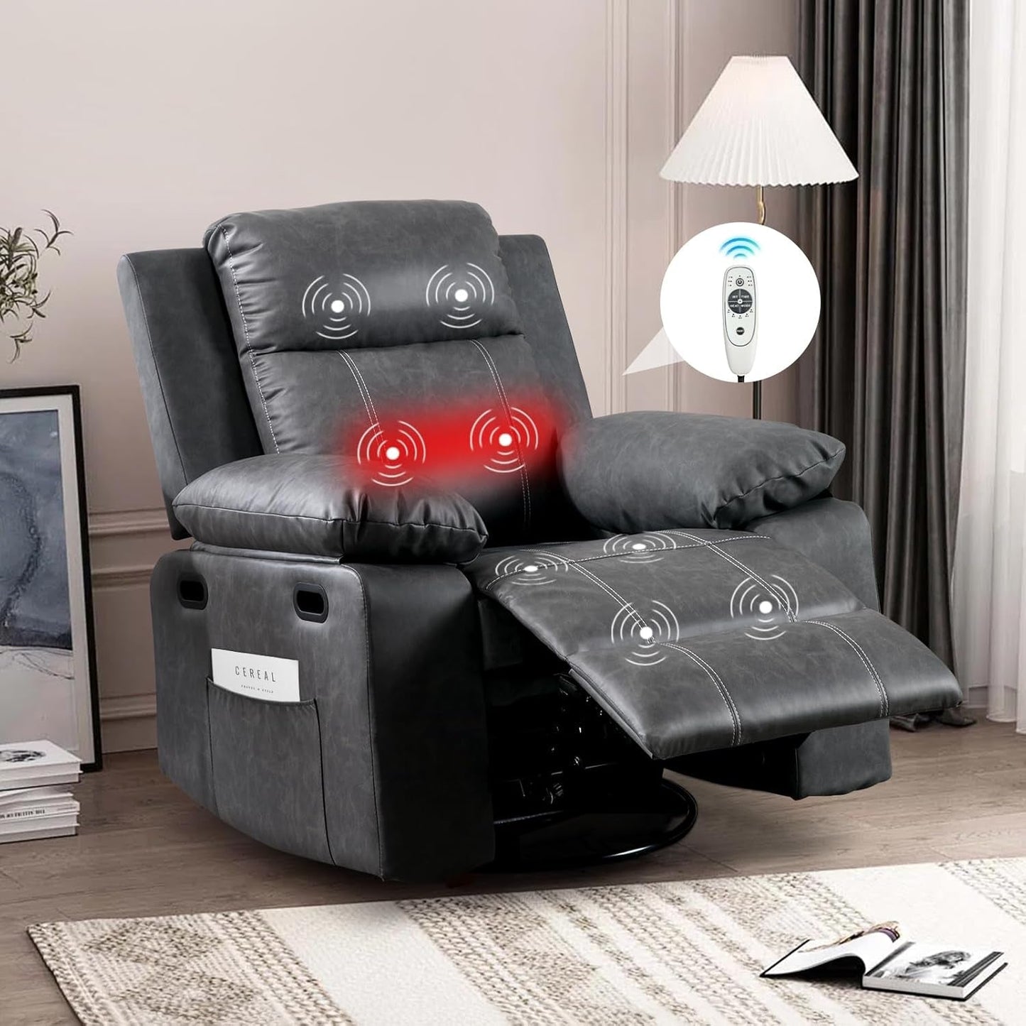 Recliner Chair, 360 Degree Swivel Rocking Chair with Massage and Heat, Adjustable Glider Rocker Reclining Chair with Remote Control and Side Pocket for Living Room, Bedroom, Lounge, Grey-0