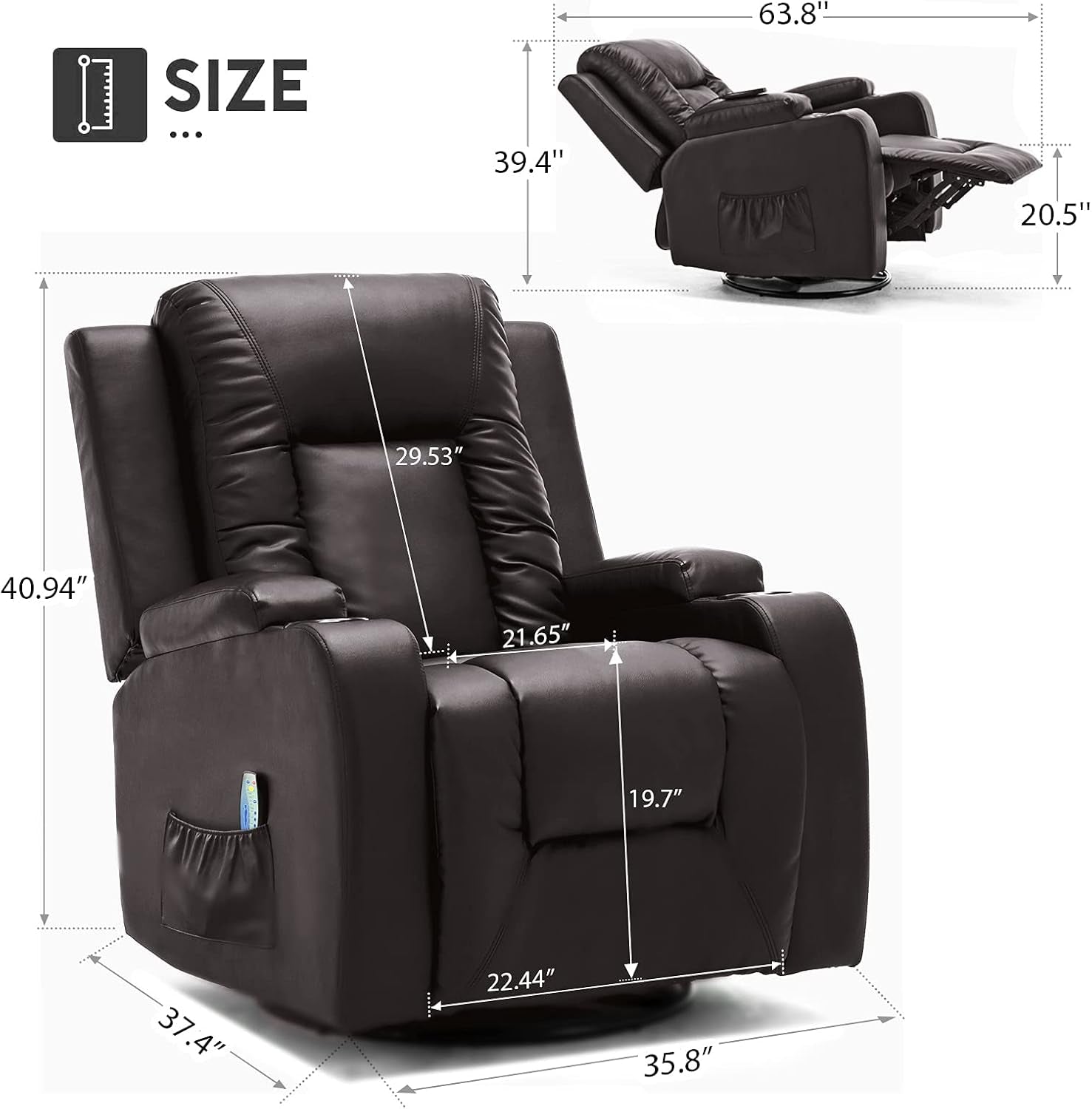Recliner Chair, PU Rocking Chair for Adults, Swivel Recliner with Cup Holders, Heat and Massage, Single Sofa Seat with Side Pockets for Living Room, Bedroom (Brown)-1