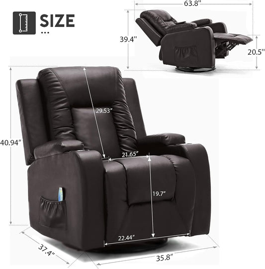 Recliner Chair, PU Rocking Chair for Adults, Swivel Recliner with Cup Holders, Heat and Massage, Single Sofa Seat with Side Pockets for Living Room, Bedroom (Brown)-1