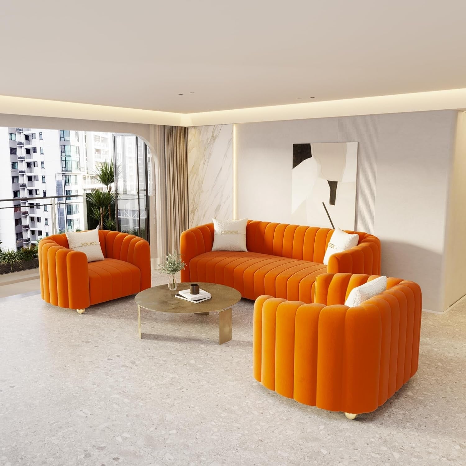 KEAI Velvet Tufted Sofa Set for Living Room, Modern Design Couch Set with Gold Metal Ball Legs, Lovely Upholstered Sherpa Furniture Set for Office (Orange, 1+1+3 Set)-1