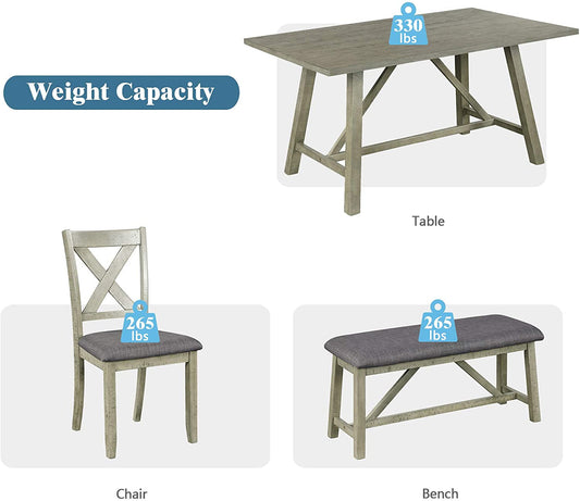 Rustic Gray Wooden 6-Piece Dining Table Set with Cushioned Chairs and Bench-1