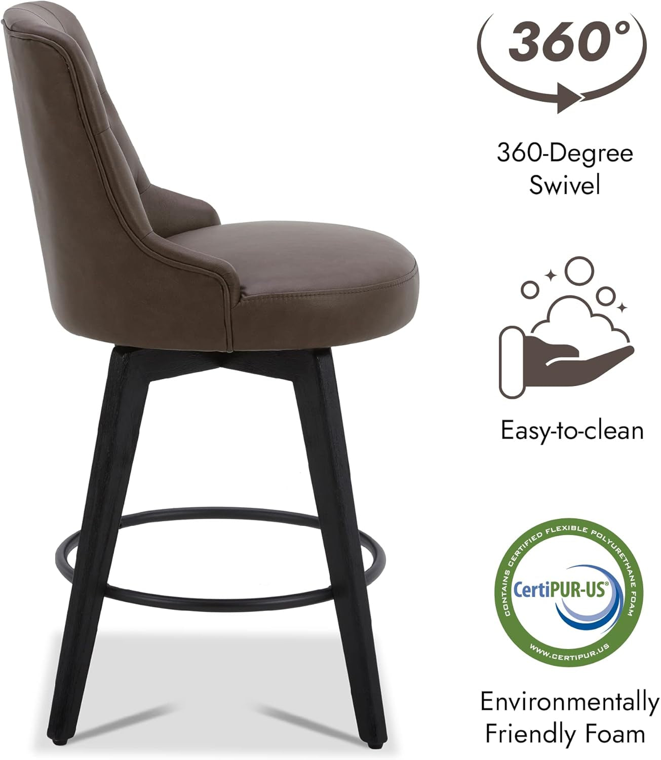 Counter Height Bar Stools, Faux Leather Upholstered Modern Swivel Barstool with Back, Solid Wood Legs, 26" H Seat, Chocolate-4