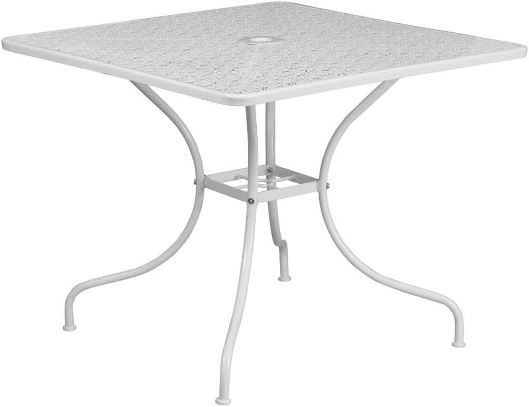 Oia Commercial Grade 35.5" Square White Indoor-Outdoor Steel Patio Table Set with 4 round Back Chairs-3