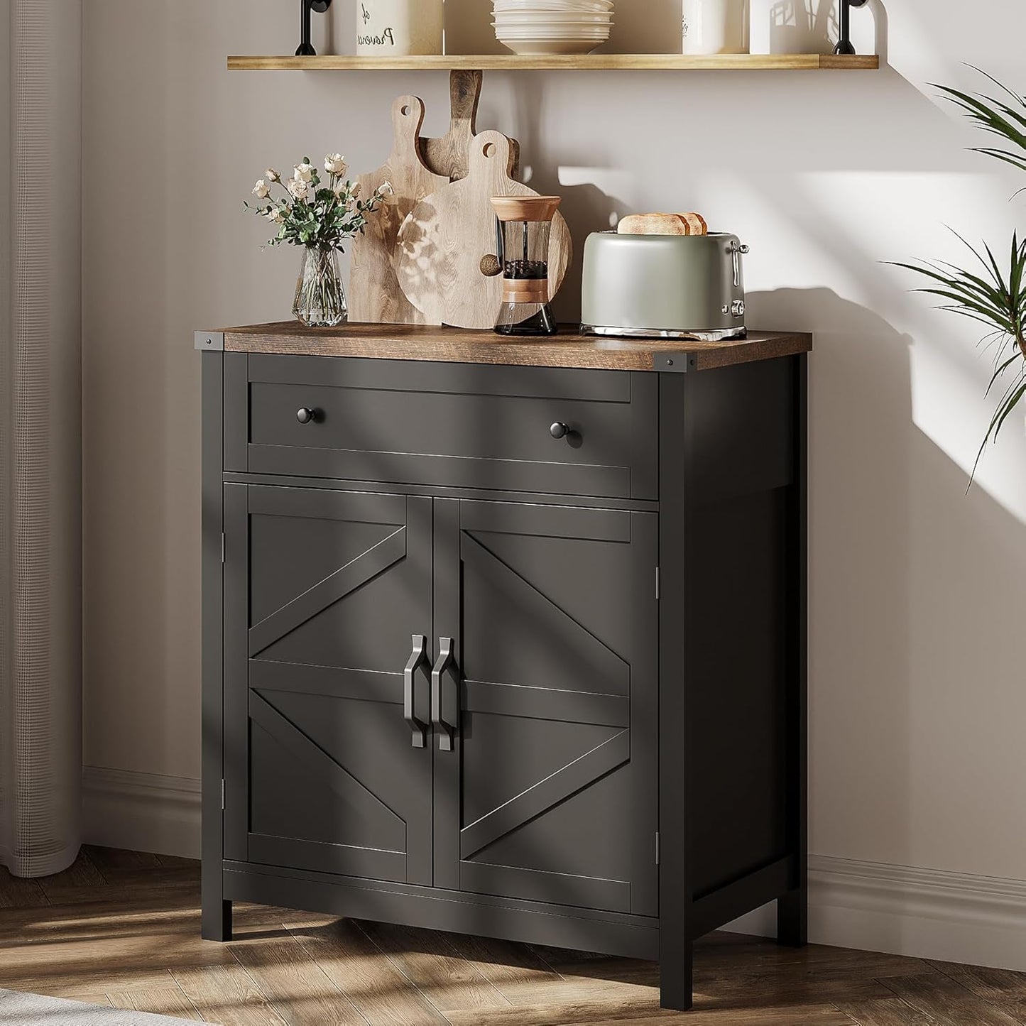 Kitchen Storage Cabinet, Coffee Bar Cabinet, Buffet Sideboard Cabinet with Drawer, Entryway Cabinet for Kitchen, Living Room, Black-4