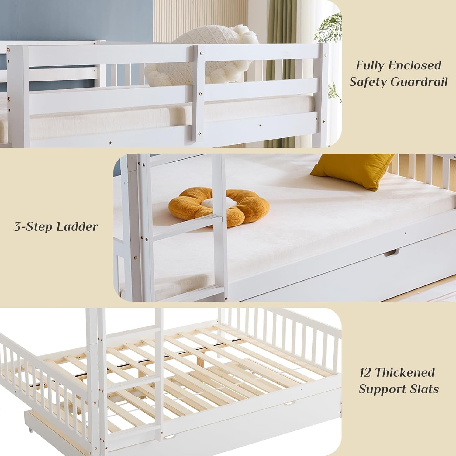 Wooden Bunk Bed,Full over Full White Bed with Trundle and Ladder,Detachable Bunk Frame with Guardrail,Space Saving Bunk Bed for Kids and Adults, No Spring Bed Required-2