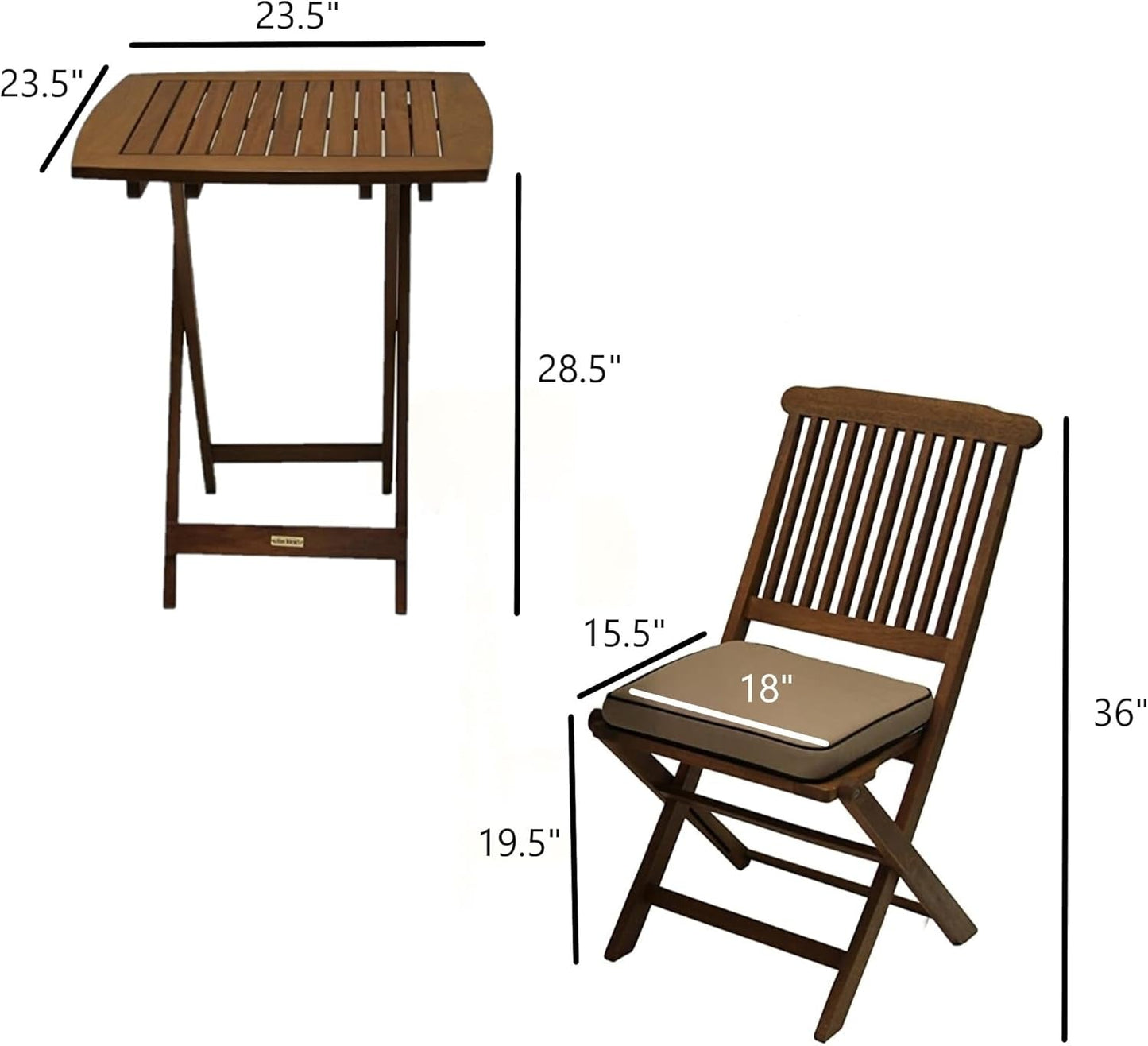 Eucalyptus Wood 3-Piece Square Foldable Bistro Outdoor Furniture Patio Set, Table and 2 Chairs with Cushions, Beige-2
