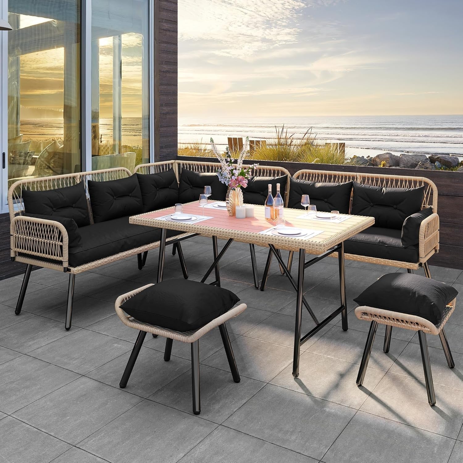 Patio Wicker L-Shaped Furniture Set, All-Weather Rattan Outdoor Conversation Sofa Set for Backyard Deck with Soft Cushions,Ottomans and Plastic Wood Dining Table (Light Brown+Black)-0