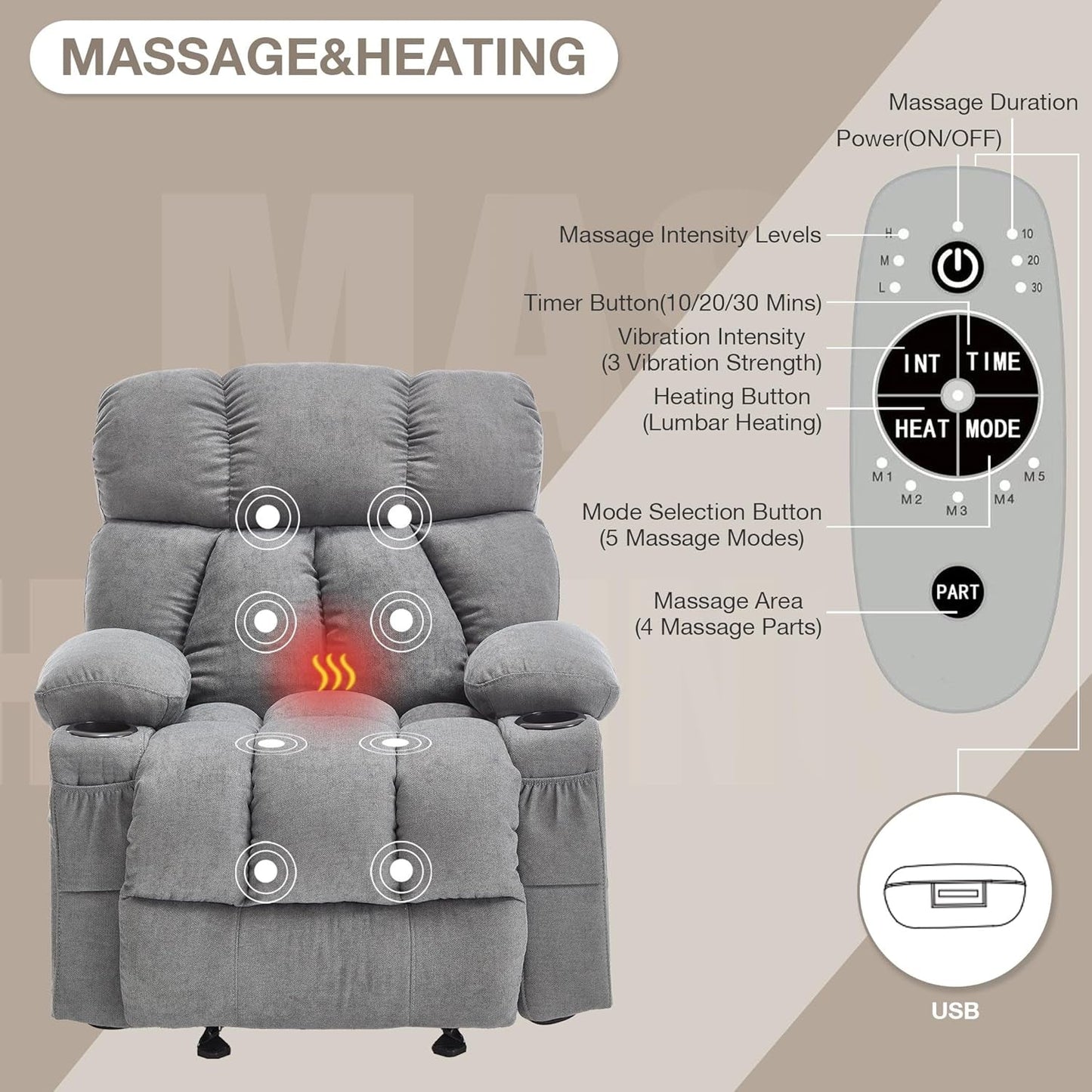 Massage Rocker Recliner Chair with Heat and Vibration Ergonomic Rocking Lounge Chair for Living Room Comfy Overstuffed Recliner with 4 Side Pockets,2 Cup Holders, USB Charge Port, Grey-3